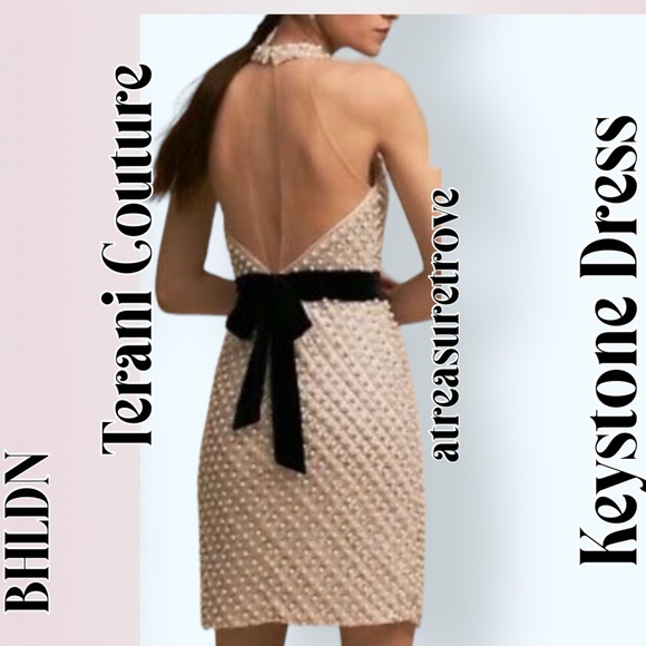 Terani Couture x BHLDN Keystone 2 & 8 Pearl Rhinestone Halter Wedding Formal - Picture 9 of 10